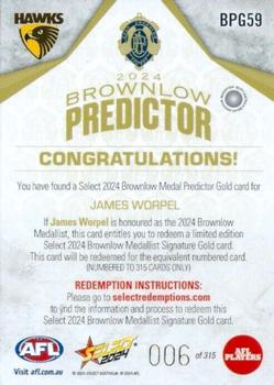 2024 Select AFL Footy Stars - Brownlow Predictor Gold #BPG59 James Worpel Back